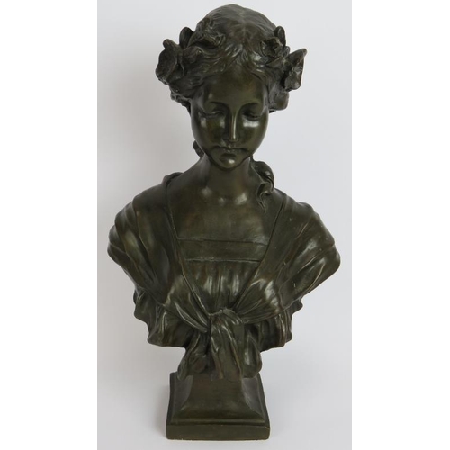 54 - A contemporary Art Nouveau style bronze bust of a young girl in period dress. Height 46cm. Unsigned.... 