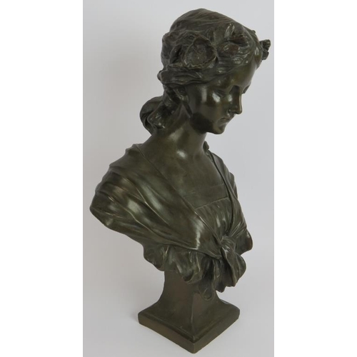 54 - A contemporary Art Nouveau style bronze bust of a young girl in period dress. Height 46cm. Unsigned.... 