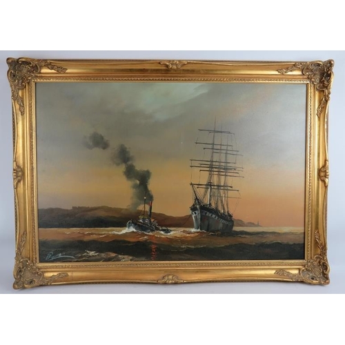 600 - 20th century school - 'Clipper and tug off the coast', oil on canvas, indistinctly signed, 60cm x 90... 