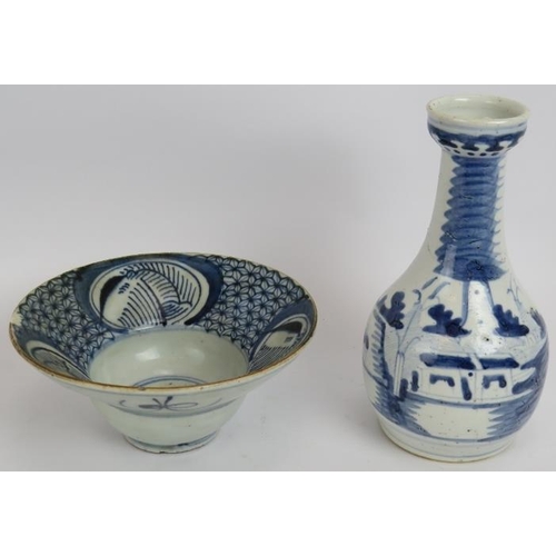 68 - An antique Chinese porcelain blue and white raised bowl with marks to base and a similar bottle vase... 