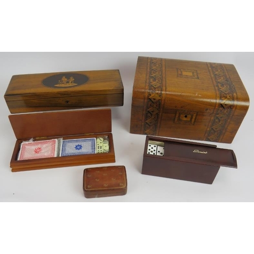 70 - An antique 19th century inlaid work box, a 19th century Sorrento ware glove box, a small Italian lea... 