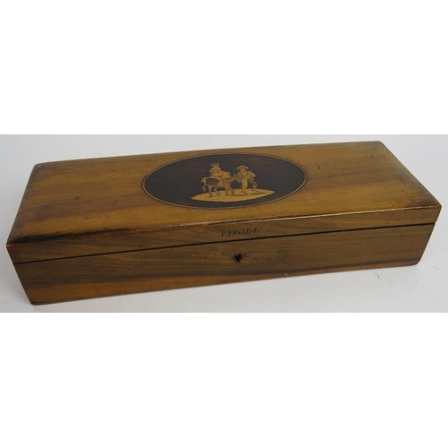 70 - An antique 19th century inlaid work box, a 19th century Sorrento ware glove box, a small Italian lea... 