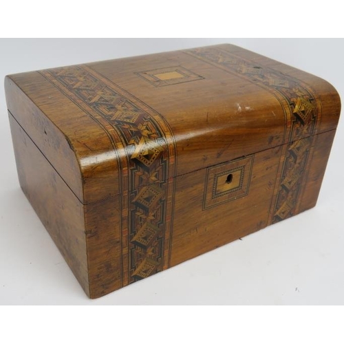 70 - An antique 19th century inlaid work box, a 19th century Sorrento ware glove box, a small Italian lea... 