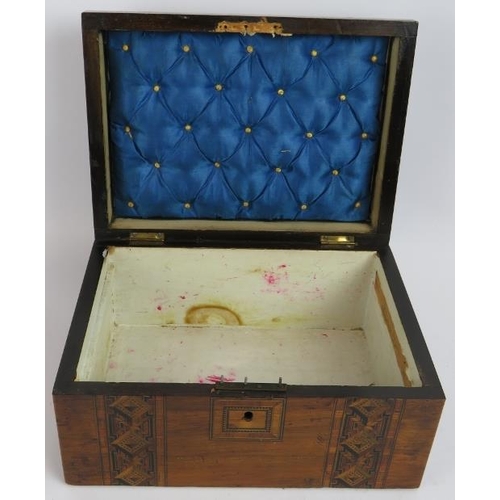 70 - An antique 19th century inlaid work box, a 19th century Sorrento ware glove box, a small Italian lea... 