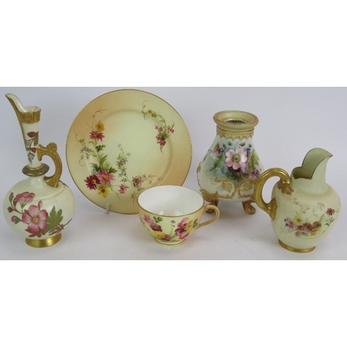 72 - Four pieces of Royal Worcester blush, each hand decorated, and a footed vase decorated with roses an... 