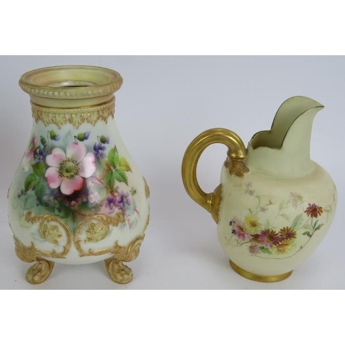 72 - Four pieces of Royal Worcester blush, each hand decorated, and a footed vase decorated with roses an... 