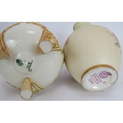 72 - Four pieces of Royal Worcester blush, each hand decorated, and a footed vase decorated with roses an... 