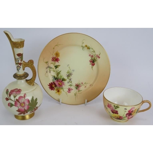 72 - Four pieces of Royal Worcester blush, each hand decorated, and a footed vase decorated with roses an... 