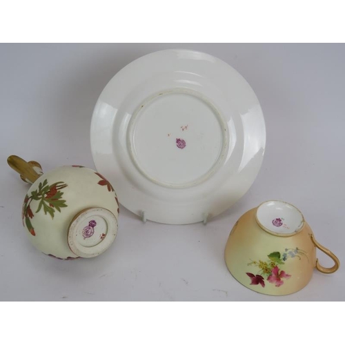 72 - Four pieces of Royal Worcester blush, each hand decorated, and a footed vase decorated with roses an... 