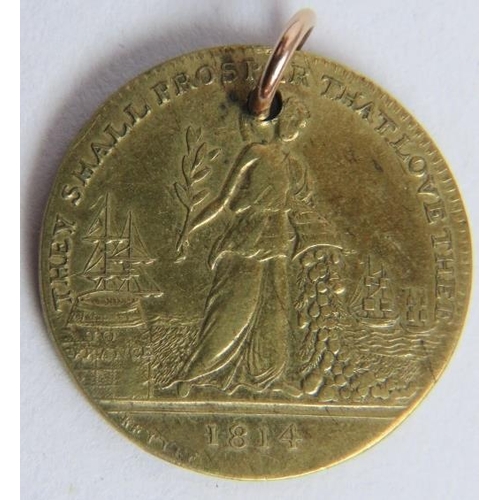 84 - A brass commemorative medallion jeton, 1814 Peace of Paris, designed by William Kettle. Gilt brass o... 