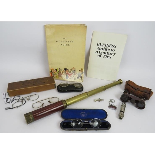 86 - Mixed collectables to include an antique brass three draw telescope, 4 pairs of spectacles, a Metrop... 