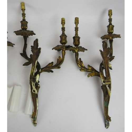 87 - Two pairs of good quality gilt brass rococo acanthus leaf double branch wall sconces with white glas... 