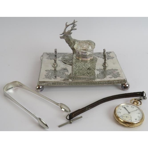 9 - A late 19th century silver plated inkstand with stag mount, a gold plated pocket watch with leather ... 