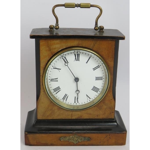 90 - A small French Ormulu mounted mantle clock with half ebonised walnut case and enamel dial. no key. H... 