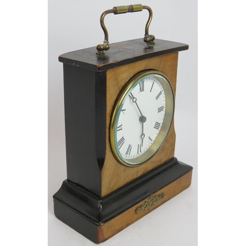 90 - A small French Ormulu mounted mantle clock with half ebonised walnut case and enamel dial. no key. H... 