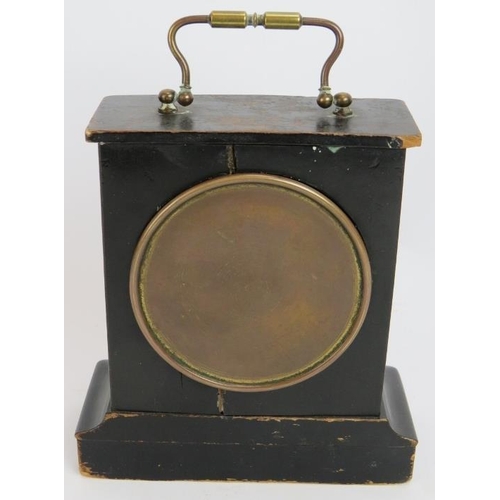 90 - A small French Ormulu mounted mantle clock with half ebonised walnut case and enamel dial. no key. H... 