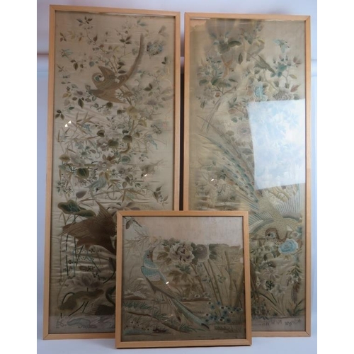 95 - Three fine quality antique Chinese silk work panels (A/F). Professionally mounted on cotton backing,... 