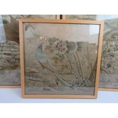 95 - Three fine quality antique Chinese silk work panels (A/F). Professionally mounted on cotton backing,... 