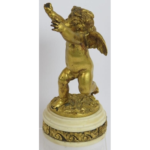 97 - A fine quality 19th century Ormulu bronze figure of a putti cherub mounted on an Ormulu banded white... 