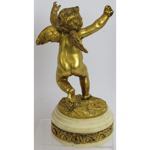 97 - A fine quality 19th century Ormulu bronze figure of a putti cherub mounted on an Ormulu banded white... 