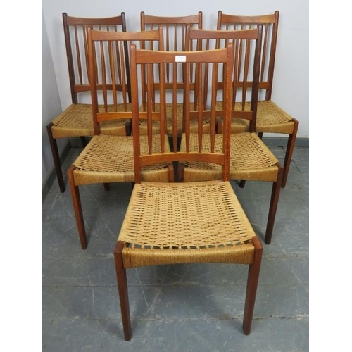 730 - A set of six mid-century Danish teak dining chairs by Arne Hovmand Olson for Mogens Kold, with spind... 