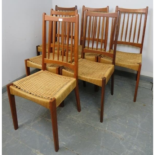 730 - A set of six mid-century Danish teak dining chairs by Arne Hovmand Olson for Mogens Kold, with spind... 