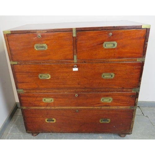 747 - A good 19th century mahogany brass bound campaign chest of two short over three long drawers with br... 