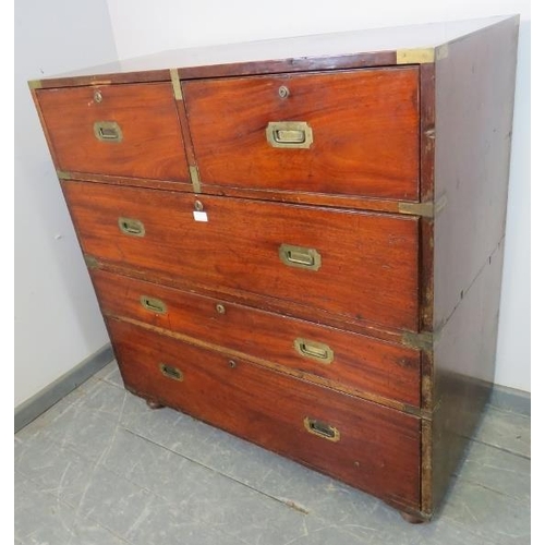 747 - A good 19th century mahogany brass bound campaign chest of two short over three long drawers with br... 