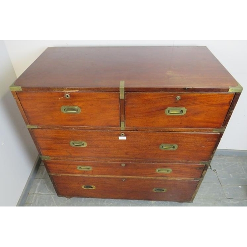 747 - A good 19th century mahogany brass bound campaign chest of two short over three long drawers with br... 