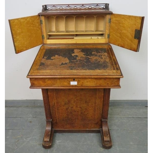 753 - A Victorian burr walnut Davenport, the stationary compartment upper gallery featuring marquetry inla... 