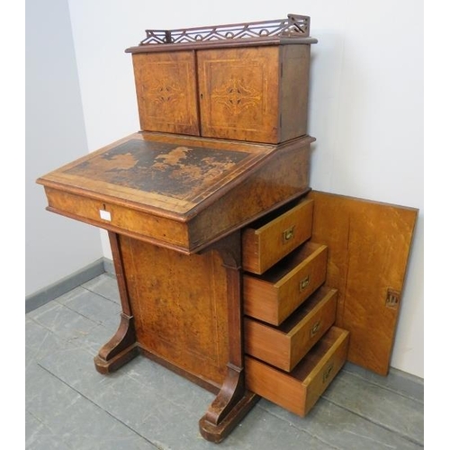 753 - A Victorian burr walnut Davenport, the stationary compartment upper gallery featuring marquetry inla... 