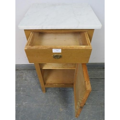 766 - An antique Continental light oak marble topped bedside cabinet, with single drawer and cupboard unde... 