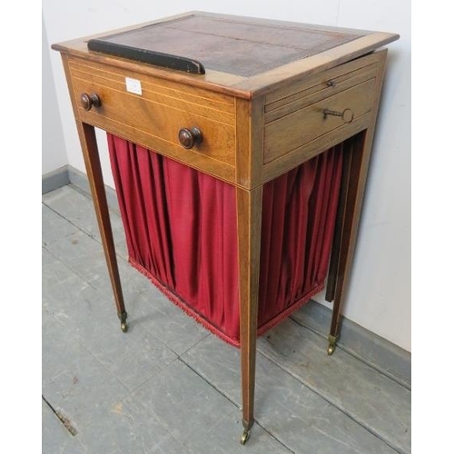 768 - A Regency Period rosewood worktable, strung with satinwood, the rising bookrest top with inset burgu... 