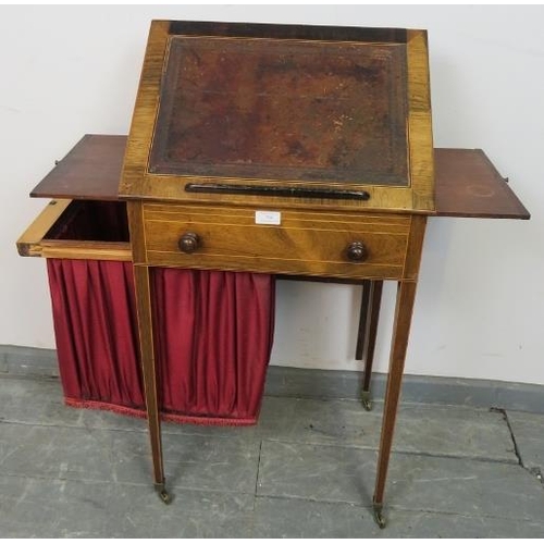 768 - A Regency Period rosewood worktable, strung with satinwood, the rising bookrest top with inset burgu... 