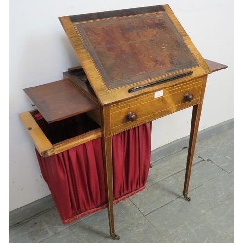 768 - A Regency Period rosewood worktable, strung with satinwood, the rising bookrest top with inset burgu... 