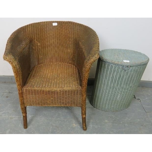 770 - A vintage Lloyd Loom tub chair painted bronze, together with a vintage Lloyd Loom laundry basket in ... 