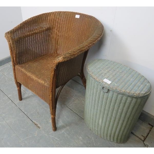 770 - A vintage Lloyd Loom tub chair painted bronze, together with a vintage Lloyd Loom laundry basket in ... 