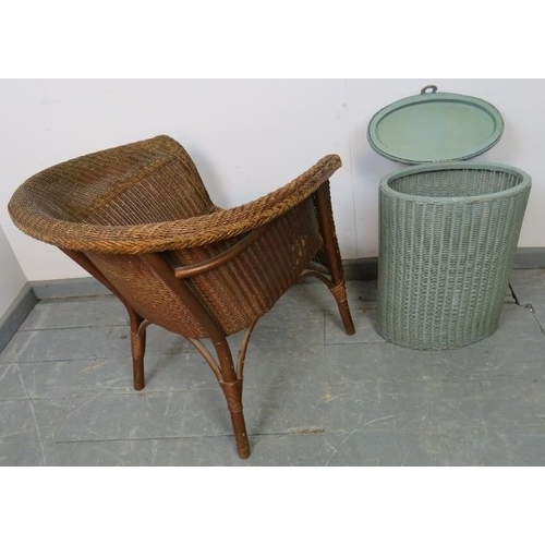 770 - A vintage Lloyd Loom tub chair painted bronze, together with a vintage Lloyd Loom laundry basket in ... 