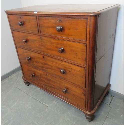 774 - A Victorian mahogany straight-front chest of two short over three long cock-beaded drawers, on turne... 