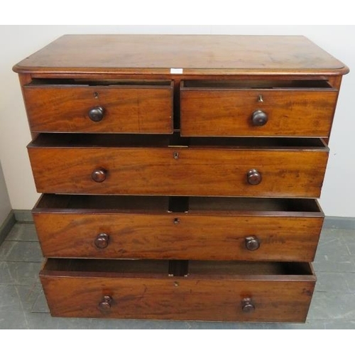 774 - A Victorian mahogany straight-front chest of two short over three long cock-beaded drawers, on turne... 