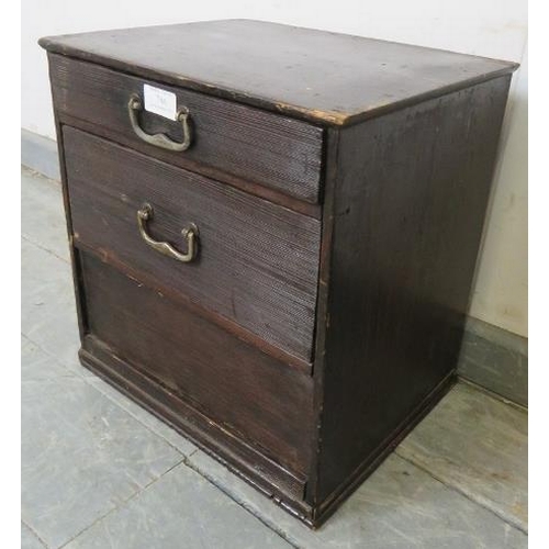 786 - A vintage Japanese miniature ebonised tansu chest, of two bamboo-lined drawers with steel drop handl... 