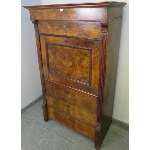 788 - A 19th century French figured walnut escritoire, with white marble top over one long drawer and fall... 