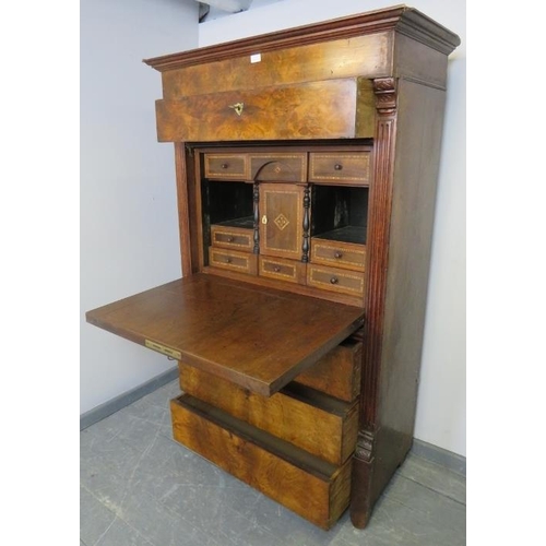 788 - A 19th century French figured walnut escritoire, with white marble top over one long drawer and fall... 