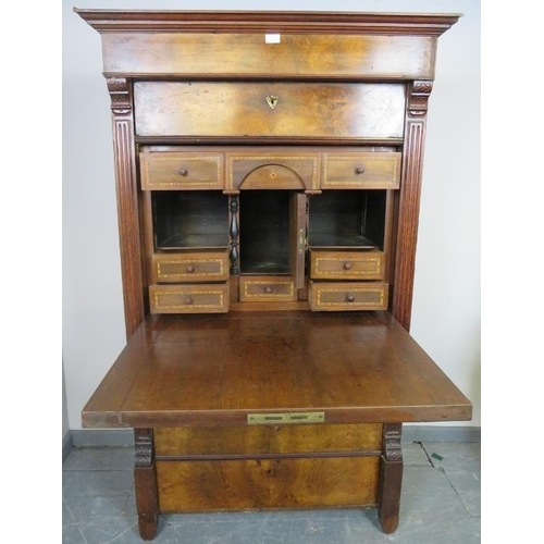 788 - A 19th century French figured walnut escritoire, with white marble top over one long drawer and fall... 