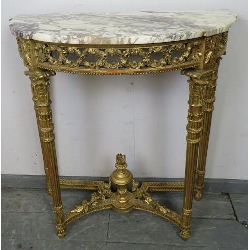 796 - A 19th century Louis XV Revival giltwood marble topped demi-lune console table, with carved and pier... 