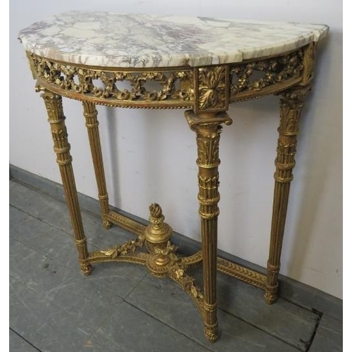 796 - A 19th century Louis XV Revival giltwood marble topped demi-lune console table, with carved and pier... 