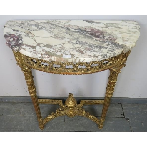 796 - A 19th century Louis XV Revival giltwood marble topped demi-lune console table, with carved and pier... 