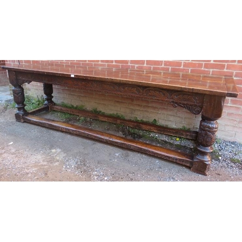 801 - An Elizabethan and later oak refectory table of exceptional colour and patina, the planked top with ... 