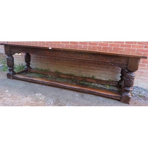 801 - An Elizabethan and later oak refectory table of exceptional colour and patina, the planked top with ... 