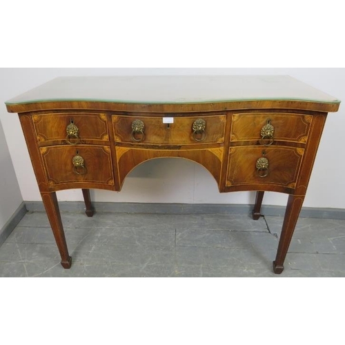 812 - A George III  serpentine fronted mahogany and satinwood sideboard, crossbanded and strung with ebony... 